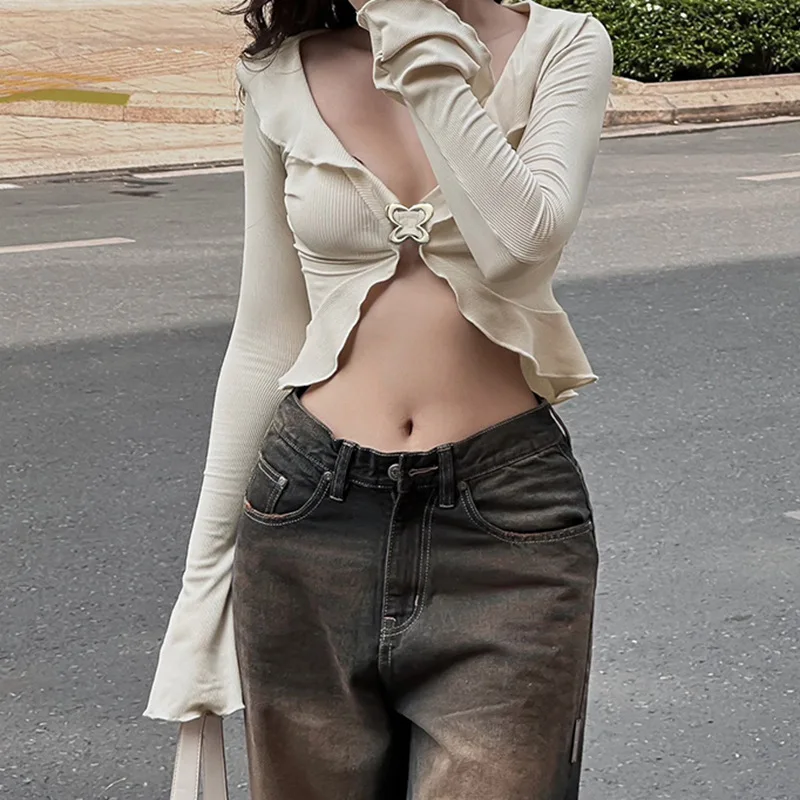 

2023 Sweet Ruffle Irregular Y2k Crop Tops Long Sleeve Bandage Skinny Grunge Fairycore Summer Sexy Slim Asymmetrical Streetwear