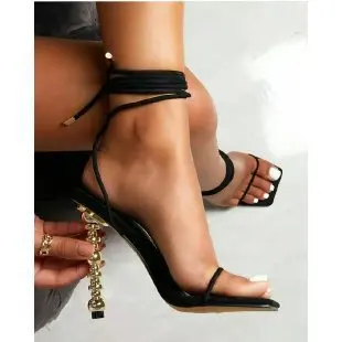 

2022 New Summer Women Sandals Sexy Square Toe Lace Up Women Gladiator Sandals Metal High Heels Party Shoes Black Size 41