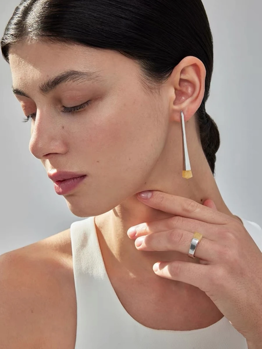 Natural Topaz Trapezoidal Long Earrings Design Original Stone Cold Sle High-Grade Light Luxury Water Drop Earrin...