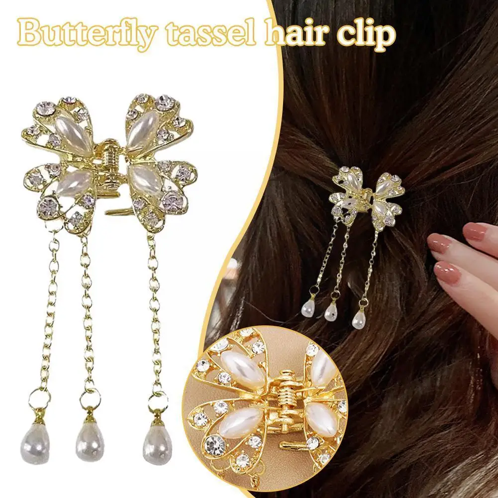 

Female Exquisite Butterfly Pearl Tassel Hair Claw Rhinestone Ponytail Crab Shark Hair Simple Clip Clip Accessories Girls Ko Q2E7