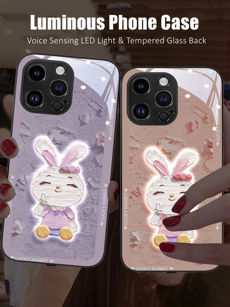

Girls Cute Paint Bunny LED Light Glow Luminous Tempered Glass Back Phone Case for Huawei P30 40 50 60 Mate 30 40 50 Pro Plus