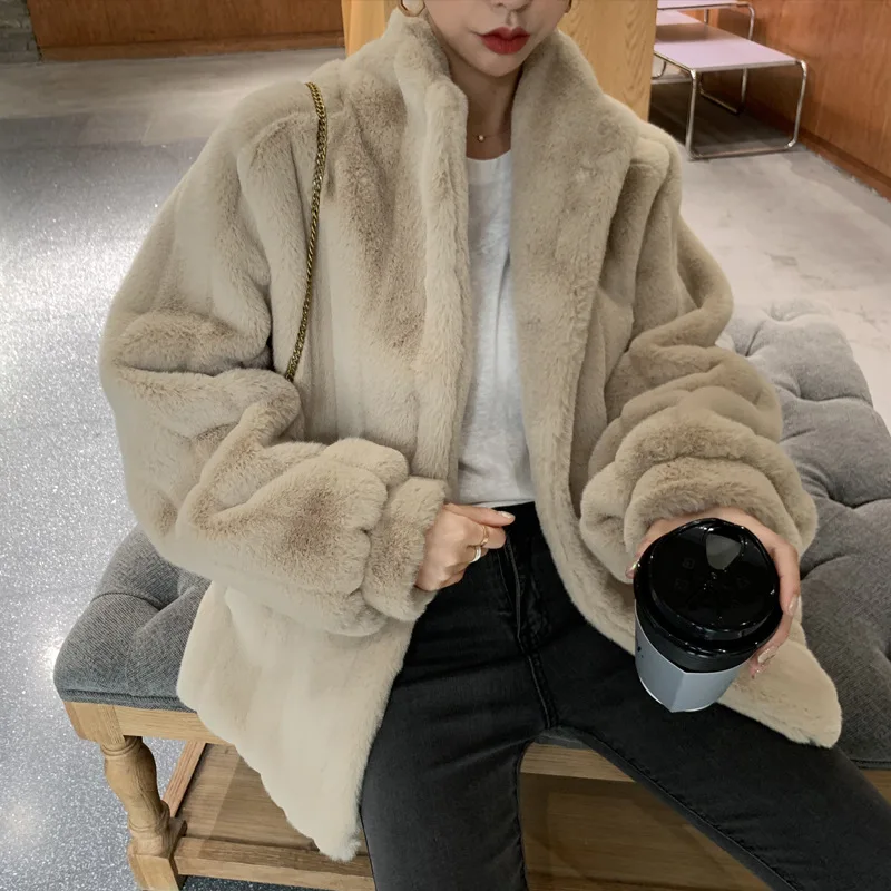 Plush clothes loose lamb wool coat stand collar wool coat