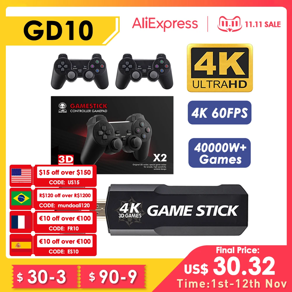 

Ampown GD10 Retro Game Console 4K 60fps HDMI Output Low Latency TV Game Stick Dual Handle Portable Home Game Console For PS1 PSP