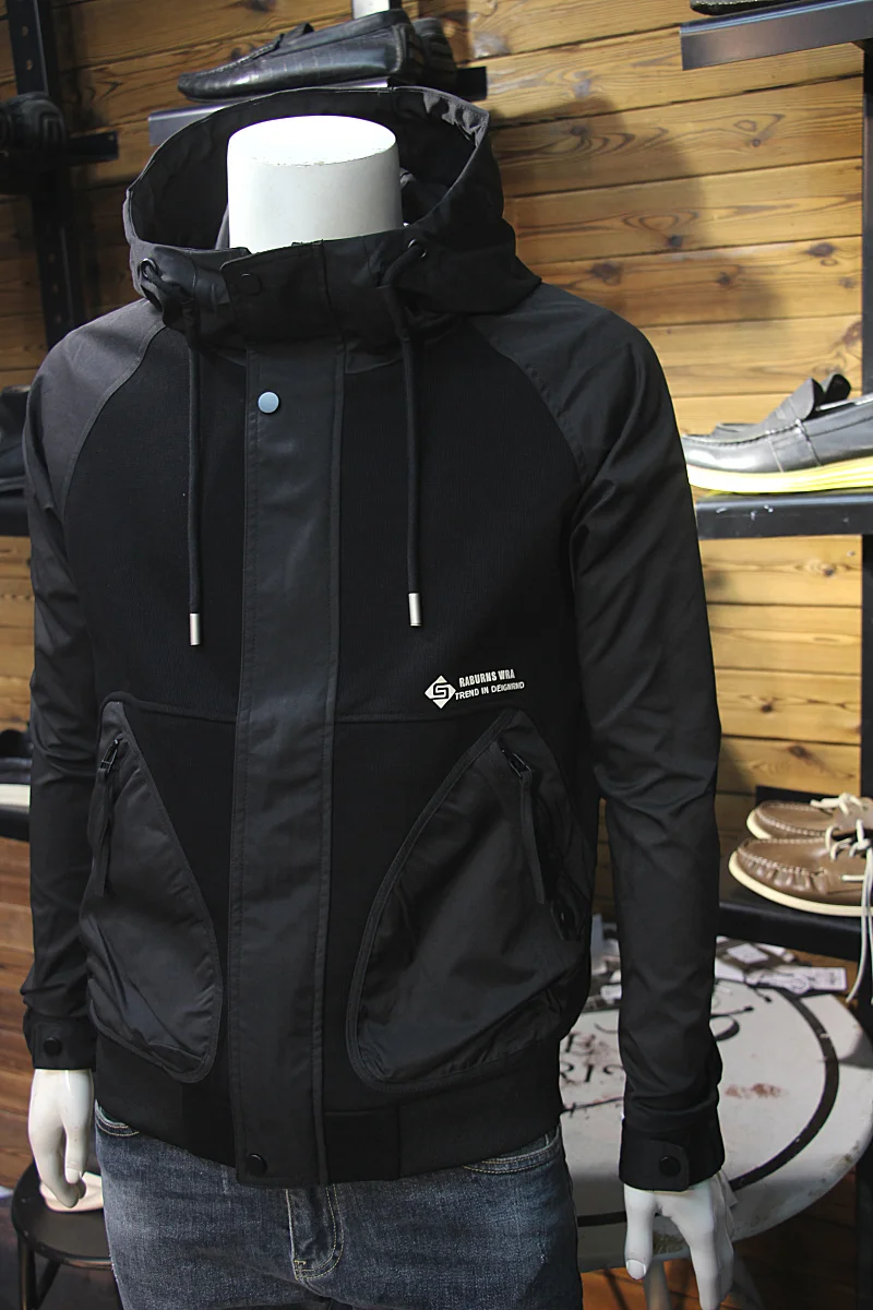 Осенняя одежда мужская вязаная лоскутная толстовка с капюшоном облегающая