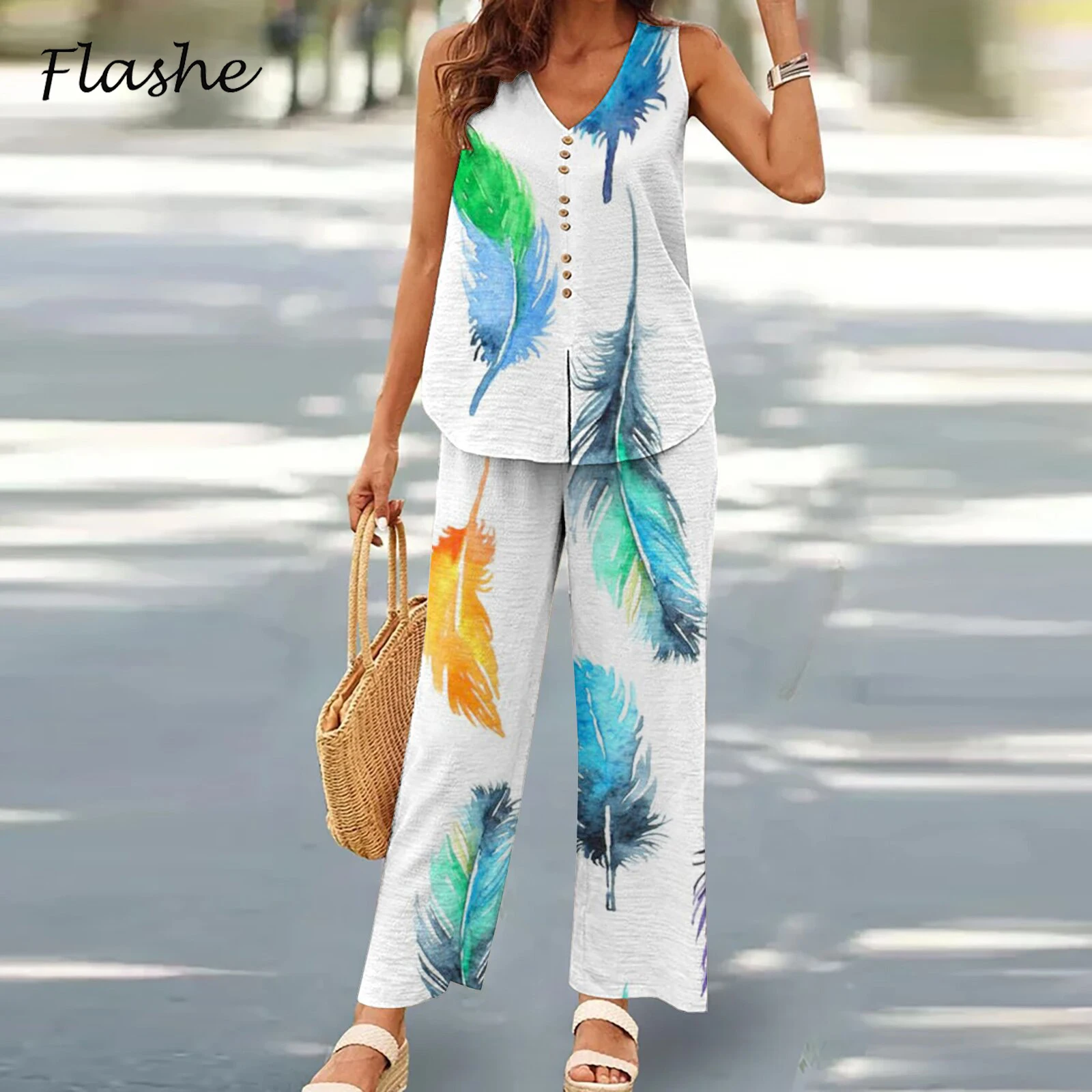 

Женский спортивный костюм с цветочным принтом, повседневный комплект из двух предметов, рубашка без рукавов и брюки с широкими штанинами в богемном стиле, лето 2023