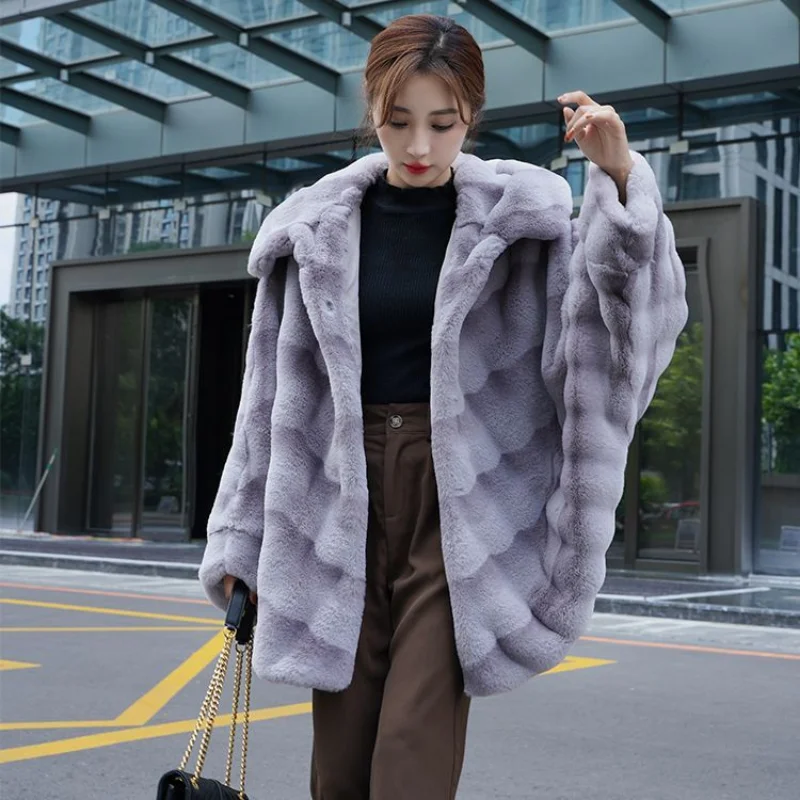 Autumn Winter Luxury Tops Faux Fur Jacket Mink Hair Flying Bat Fir Loose Hooded Warm Women's Coat Korean Fashion
