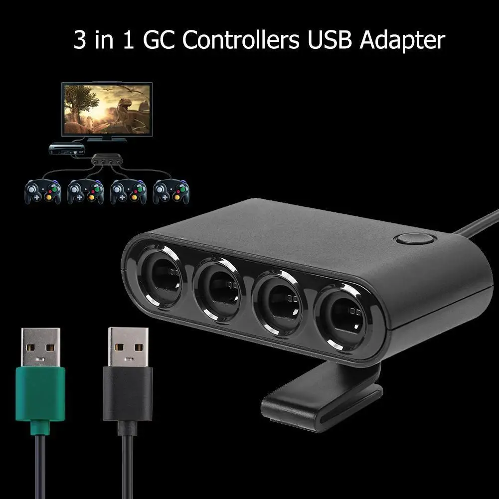 Фото Портативный USB-адаптер-конвертер 3 в 1 с 4 портами для контроллеров GC, совместимый с Nintendo Switch GC/Wiiu/PC, игровые аксессуары, черный №2