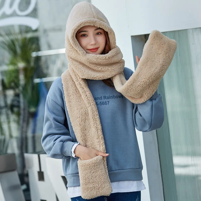 

3 In 1 Women Warm Hood Scarf Snood Pocket Gloves Hat Cute For Winter Outdoor