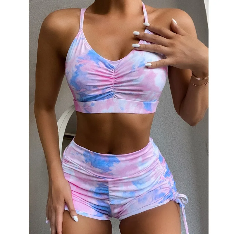

Women's Tie Dye Ruched Bikini Sets 2 Piece Bathing Suit High Waist Swimsuit with Shorts