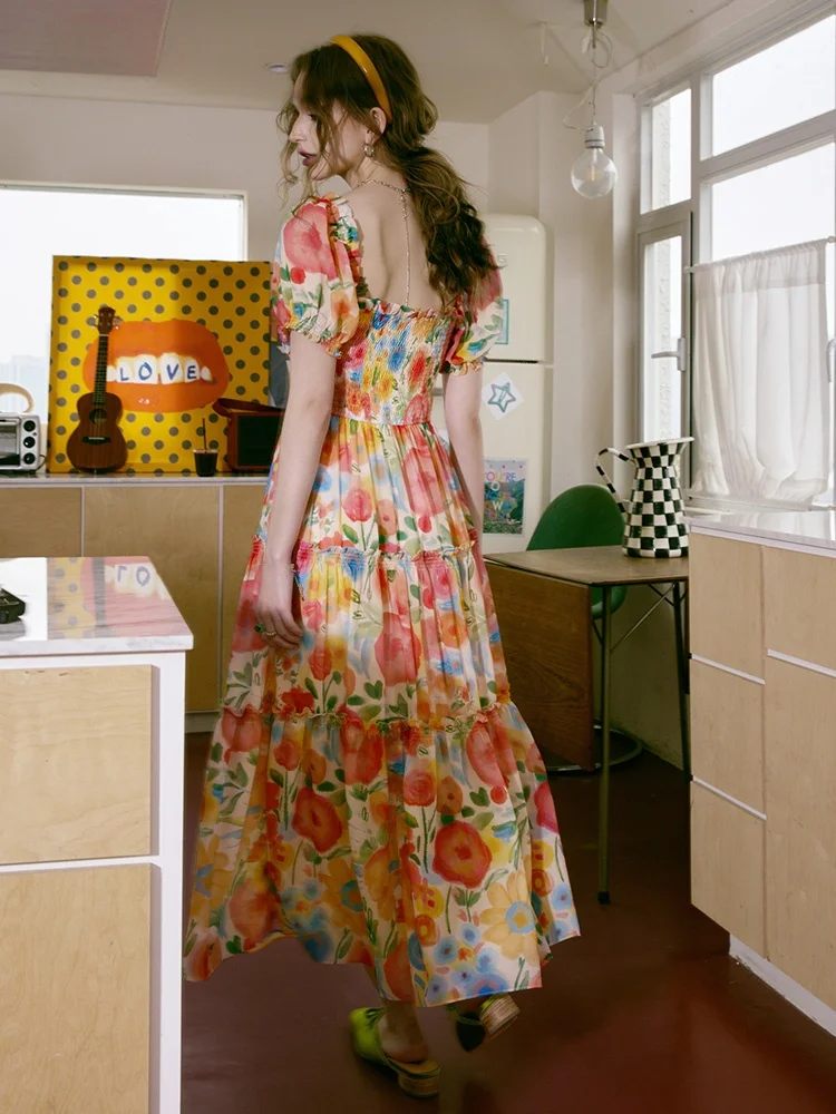 [Весенняя юбка с цветочным принтом для отпуска] Женское платье деревянными