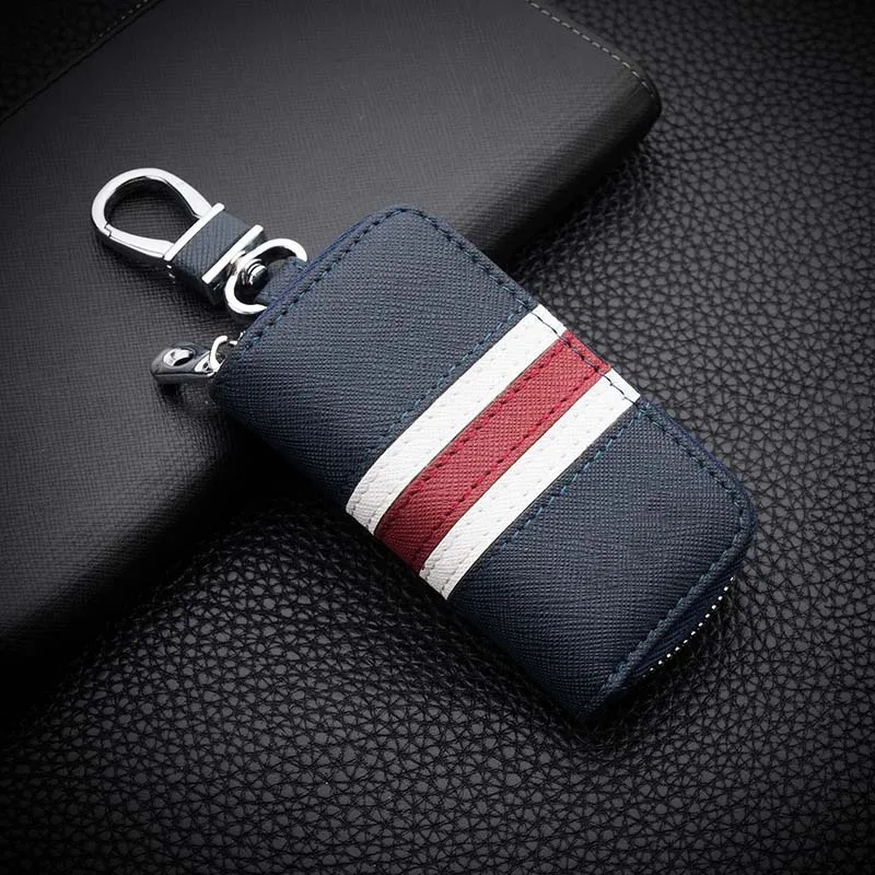 Fashion Colorful Stripes Leather Key Bag Universal Key Case for Car Keychain Men Women Key Wallet Mini Zipper Purse Key Holder