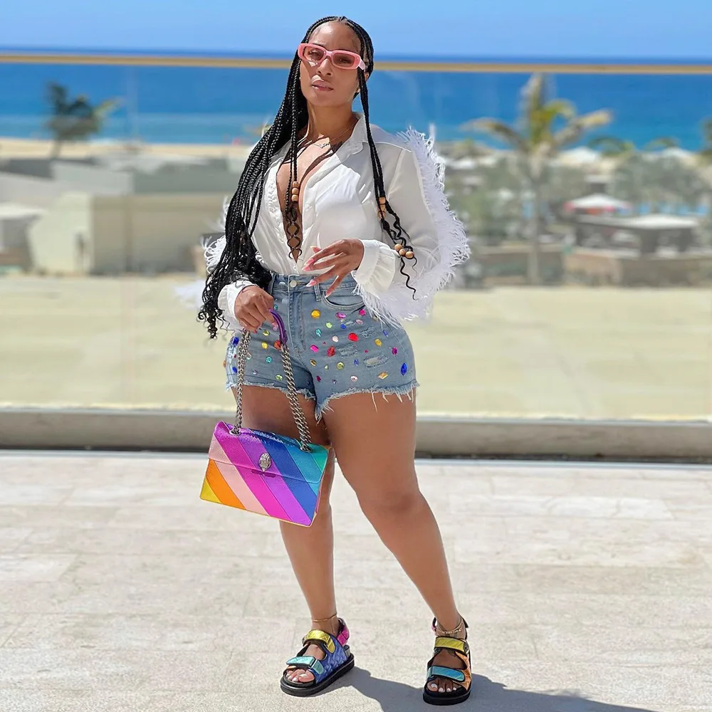 MUDAN 2023 Women's Tassel Brushed Denim Shorts Colorful Diamond Jeans Casual Fashion Straight Leg Pants