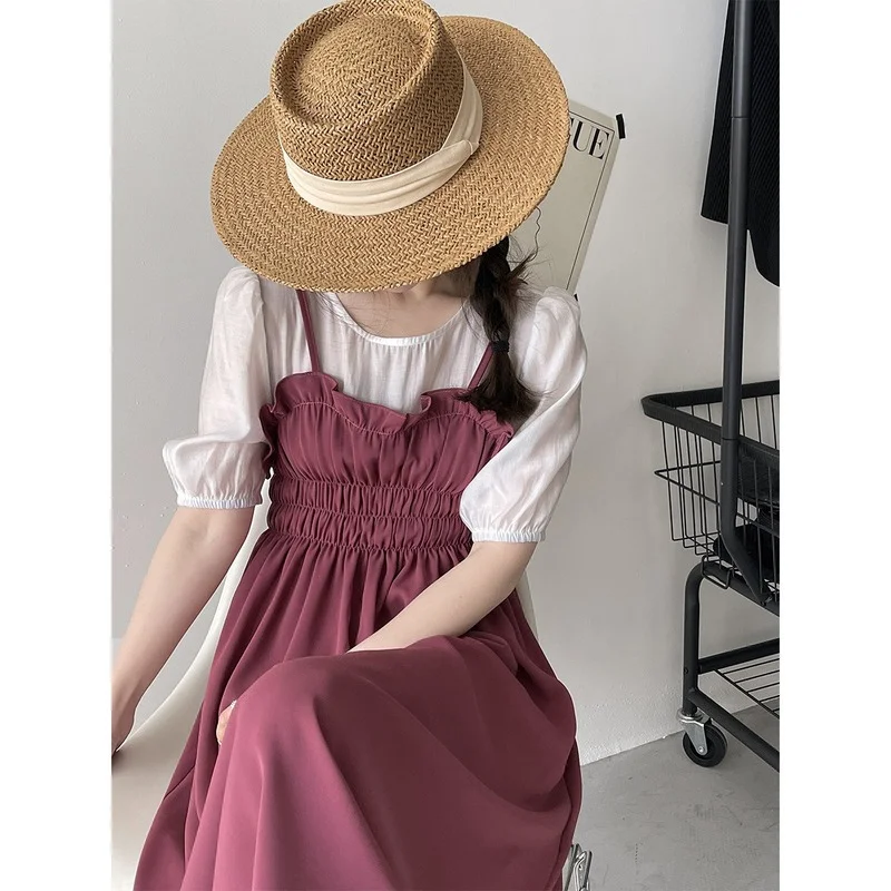 

Summer Dress Fake Two Solid Color Folds Ruffles Vestidos Elegantes Para Mujer French Vintage Puff Sleeves Dresses For Women