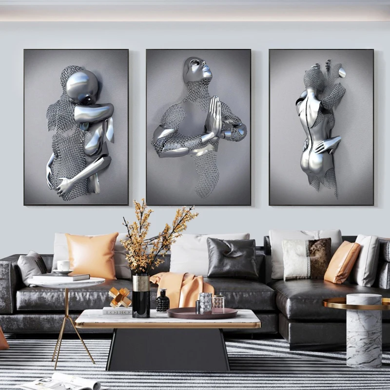 

Абстрактная Металлическая Статуя пары, холст, живопись, постер, домашний декор, настенная живопись, картина для гостиной, Настенный декор