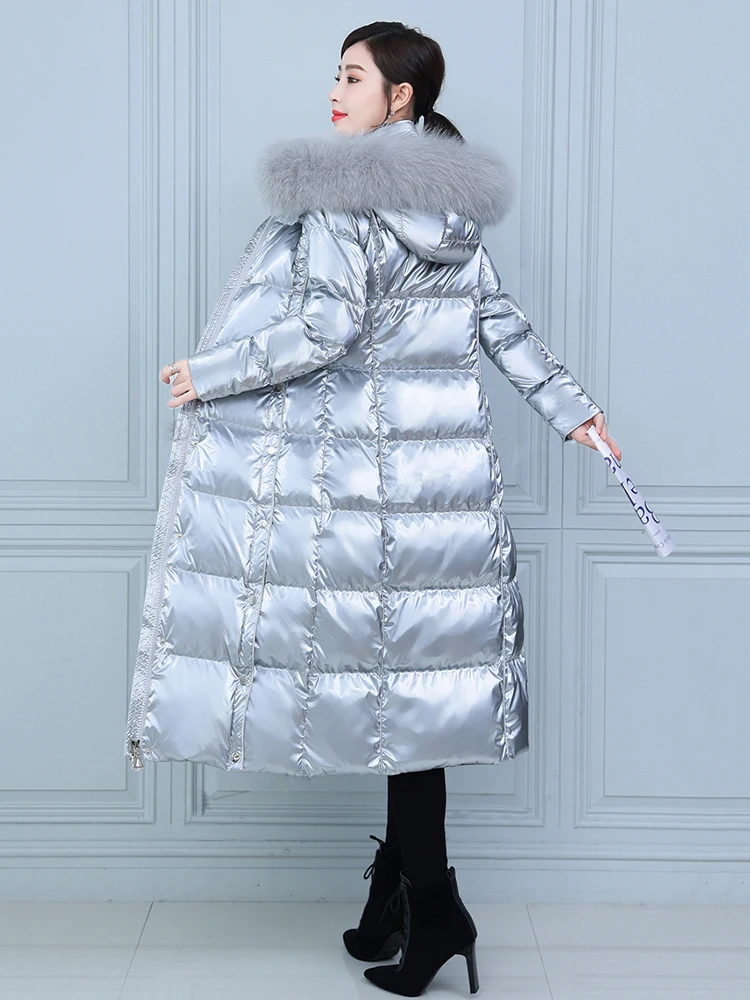 New Women Wash Free Glossy Surface Down Coat Fashion Hooded Real Fox Fur Collar Thicken Warm Long Loose White Duck Down Overcoat