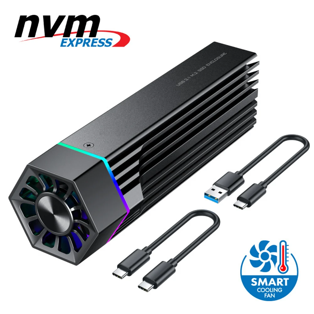 

RGB SSD Case Box M.2 NVME PCI-E To USB3.1 Gen2 Type-C JMS583 10Gbps External SSD Enclosure Radiator High Speed for M Key/B M Key