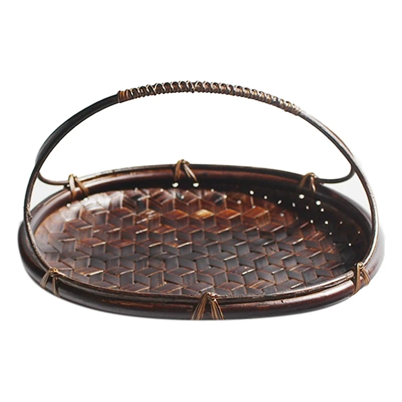 

Chinese Style Bamboo Weave Storage Basket Tea Set Storage Box Fruit Snacks Dessert Cake Plate Handmade Weave Basket