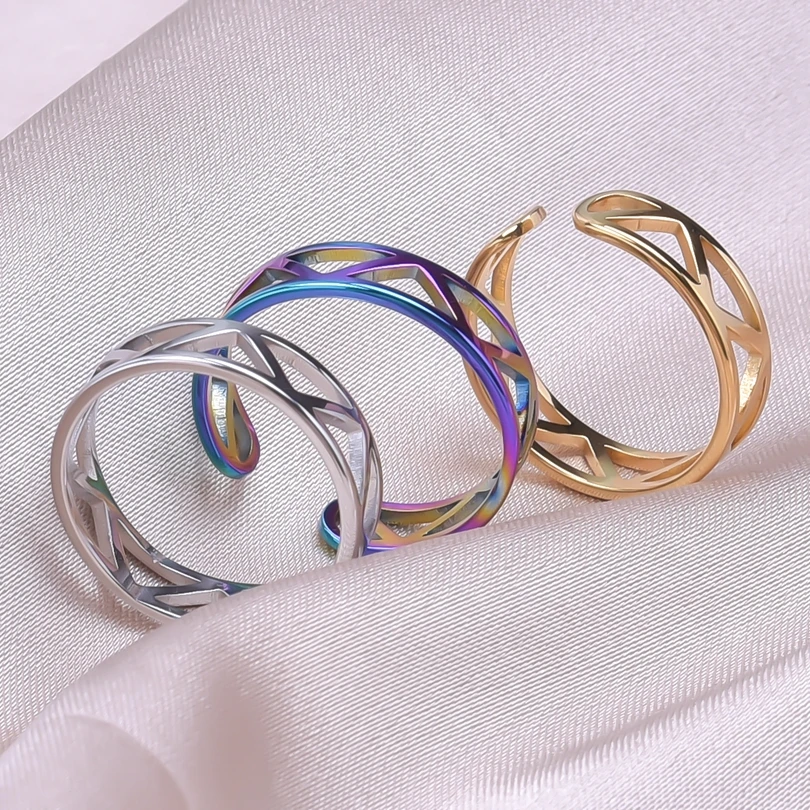 

Korea Trendy Hollow Triangle Adjustable Rings For Women Men Accessories Geometry Stainless Steel Ring Finger Jewelry Anniversary