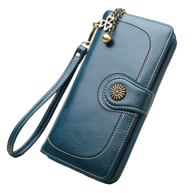 

Hot Sale Women Vintage Long Wallet Greased PU Leather Lady Zipper Phone Pocket Three-Fold Purse Female Luxury Clutch Money Bag