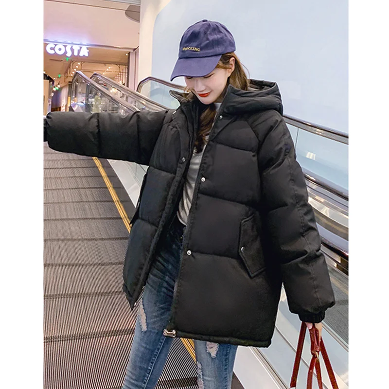 

Женская одежда, пуховик, черная верхняя одежда с капюшоном, корейский стиль Harajuku, повседневные зимние теплые флисовые топы на молнии с карманами