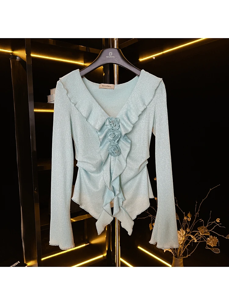 South korea Mint Green Rose Lace Design Waist Hugging Top Women Autumn New Short Slimming Long sleeve Bottoming Shirt