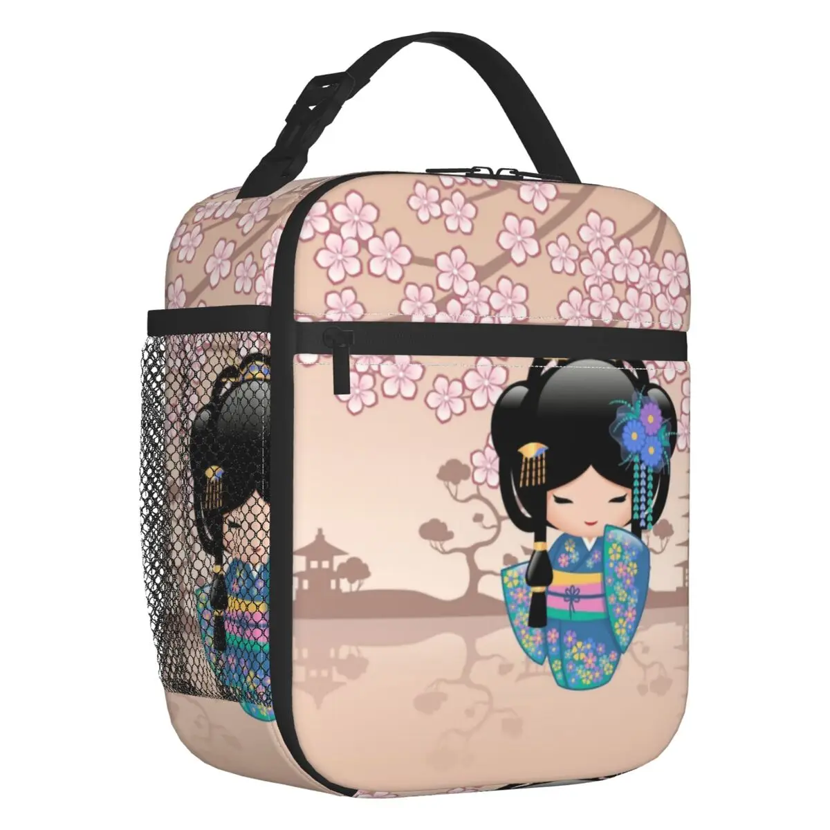 

Japanese Keiko Kokeshi Doll Thermal Insulated Lunch Bags Floral Sakura Cherry Blossom Lunch Container for Work Storage Food Box