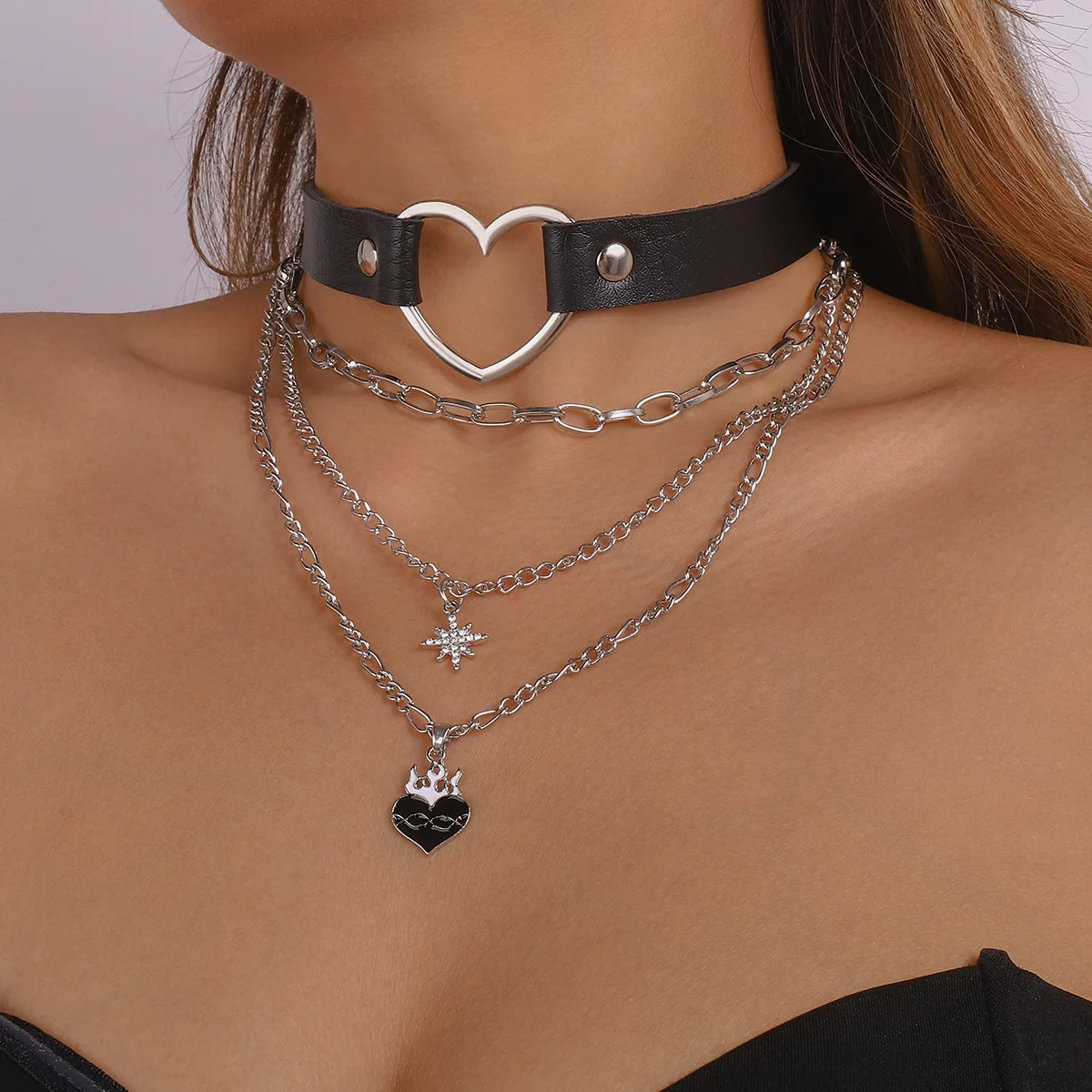 Punk style dark black neck chain leather rivet personalized rock collar exaggerated chain necklace