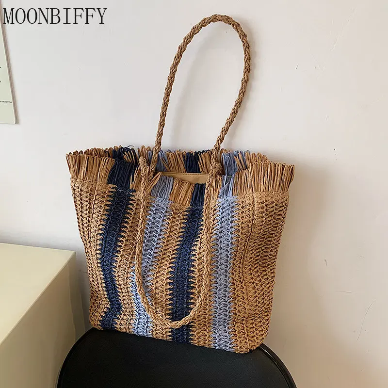 

Striped Beach Straw Bag Large Capacity Shoulder Bag for Women Handmade Woven Handbag Raffia Rattan Bag Vacation Casual Tote Bag