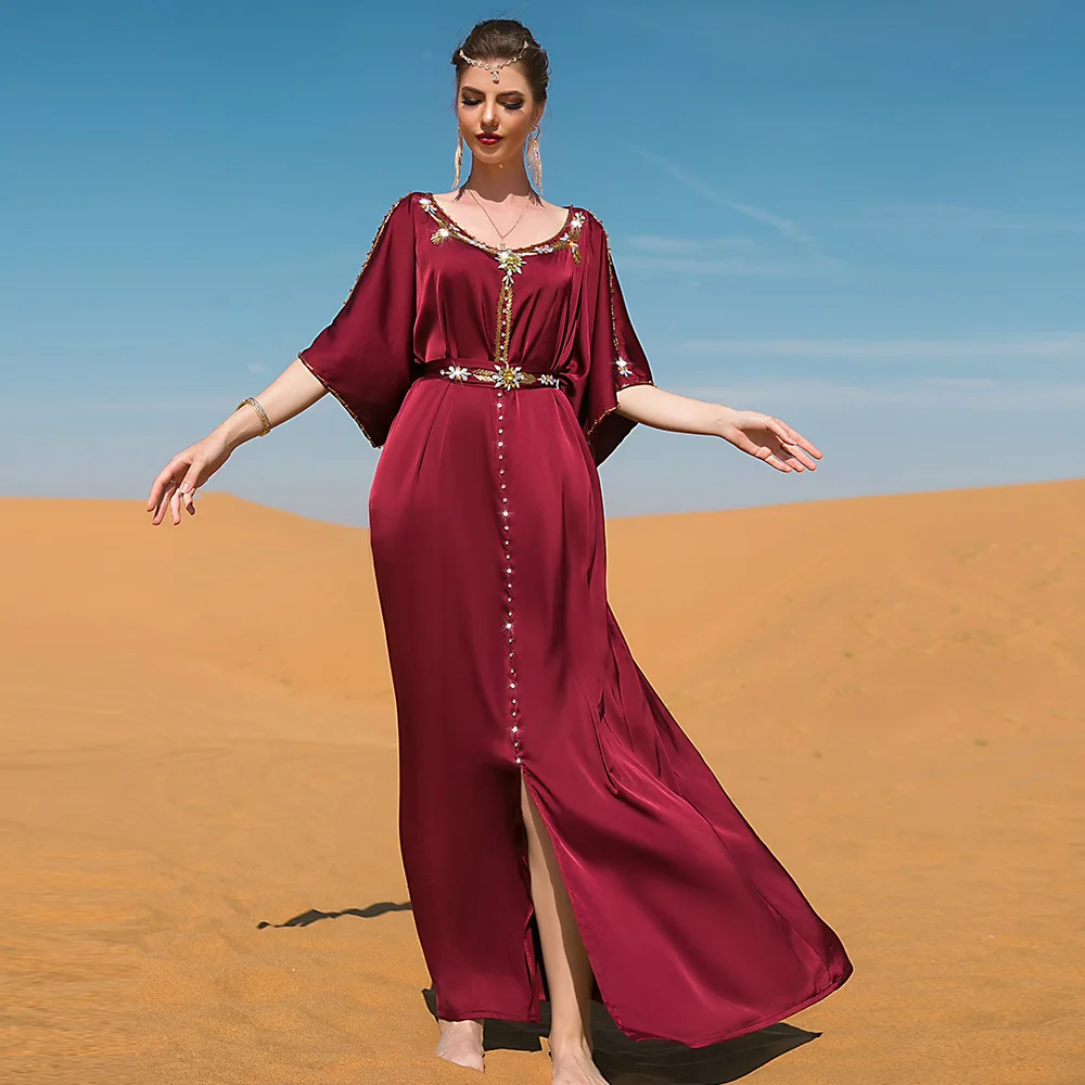 Caftan Marocain Abayas for Women Dubai Evening Hand-Stitched Satin Abaya Dress with Diamonds Ramadan 2022 Off Shouder Dresses