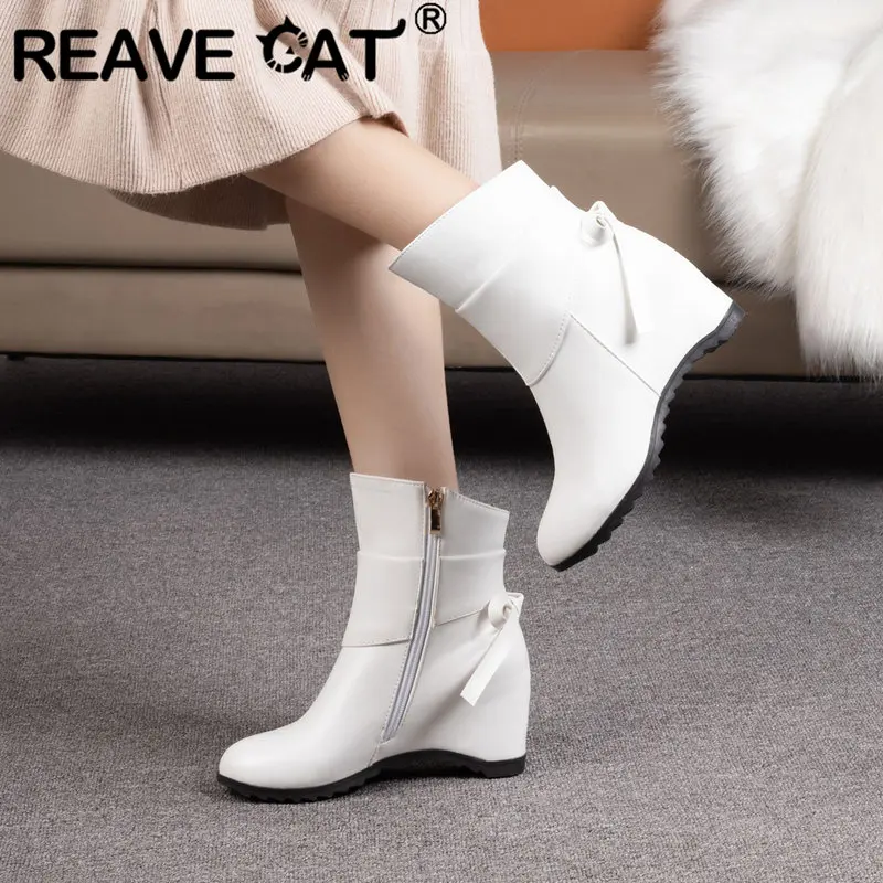 

REAVE CAT Design Women Ankle Boots Round Toe Increased Heel 5cm Zipper Plus Size 43 44 Bowknot Sweet Daily Female Short Booties