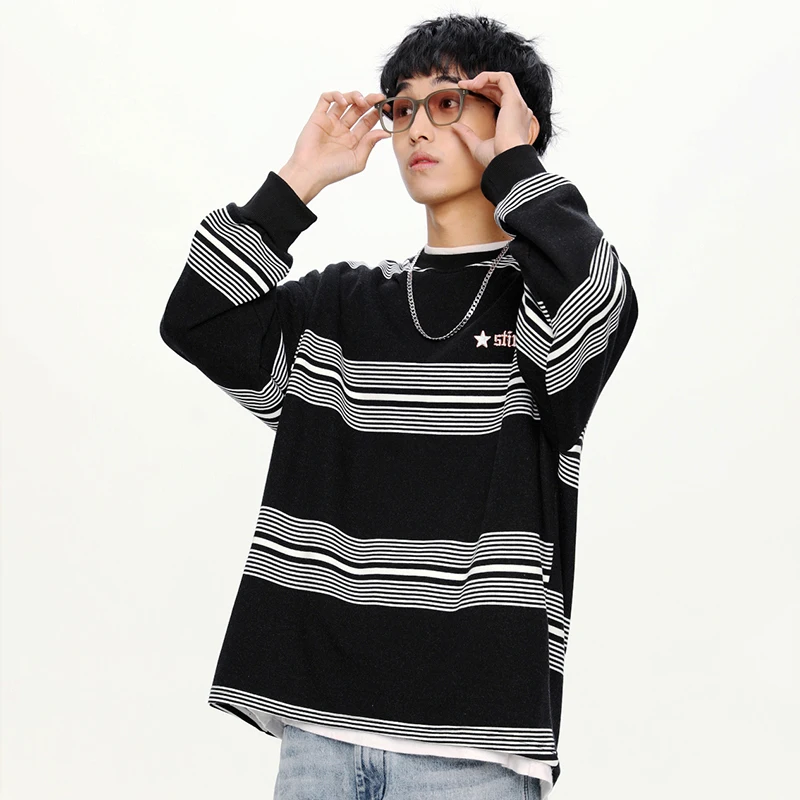Полосатая толстовка с круглым вырезом и длинными рукавами мужской женский топ
