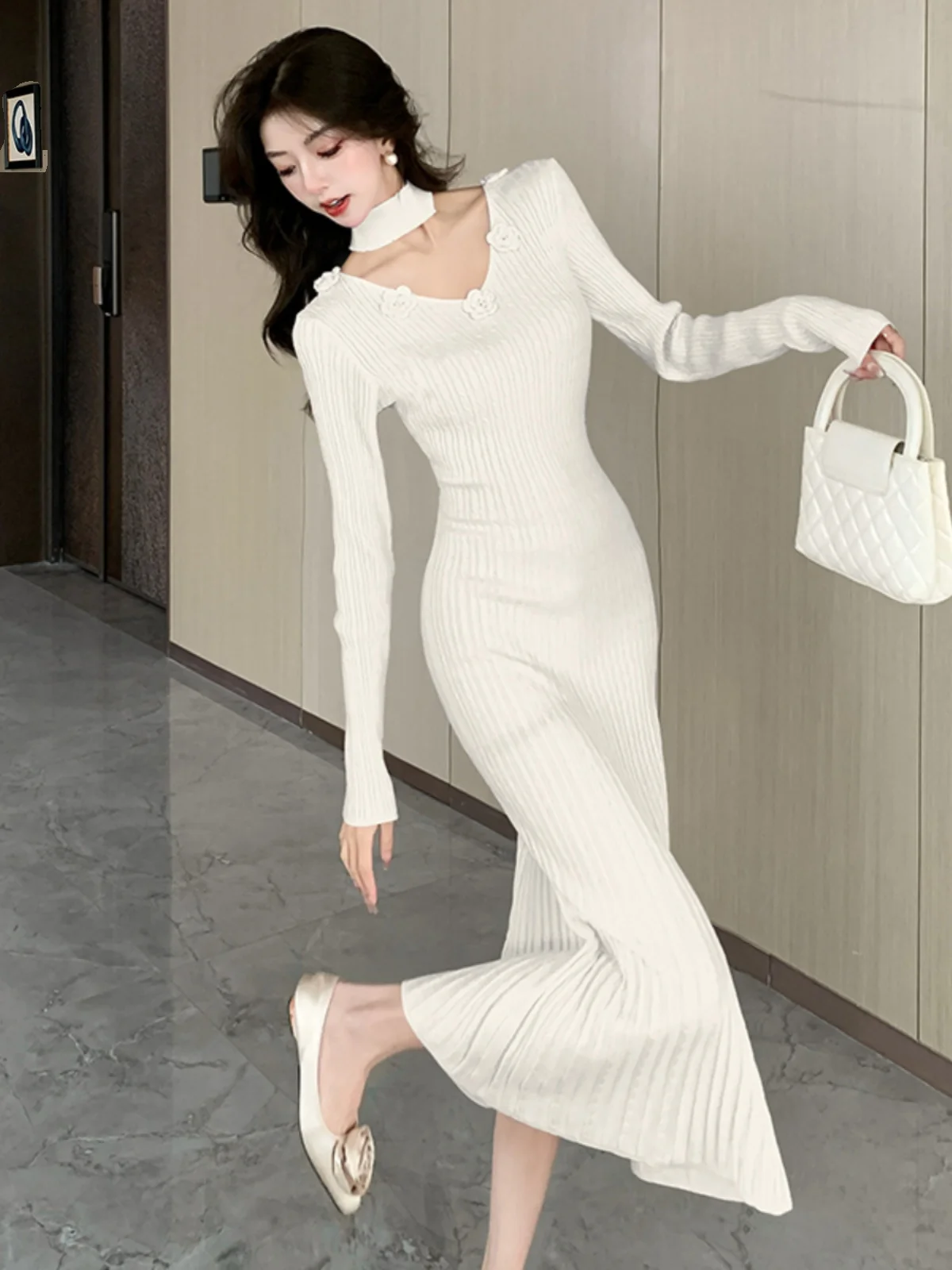 Французский облегающий шарф вязаное платье для внутренней одежды розовое 2024