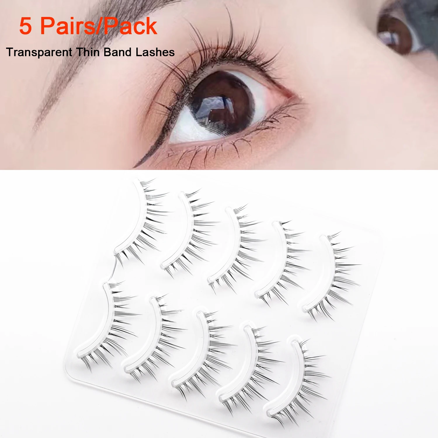 5 Pairs/Pack Fake Eyelashes Makeup Bulk Lash Transparent Thin Band Lashes Handmade Natural Long Wispy False Eyelash Round Shape