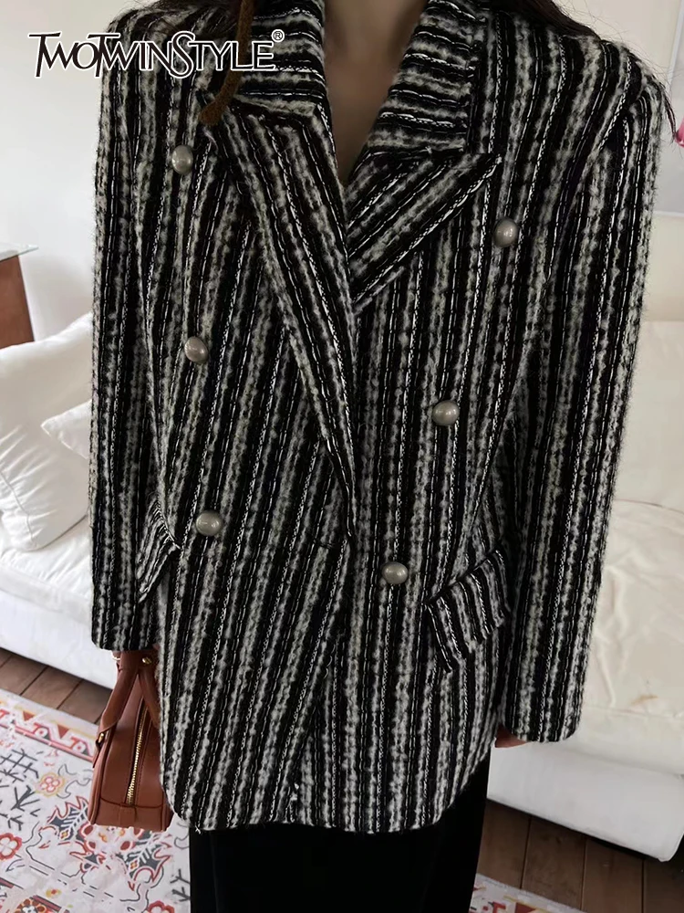 

TWOTWINSTYLE Colorblock Striped Casual Loose Blazers For Women Notched Collar Long Sleeve Spliced Double Breasted Blazer Female