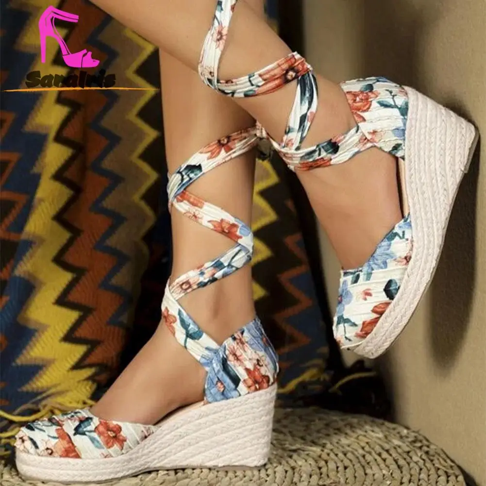 Spring Summer 2023 Roma Style Wedge High Heels Sandals Vintage Rope Calico Slip-on Sandals Casual Comfort Walking Lady Shoes