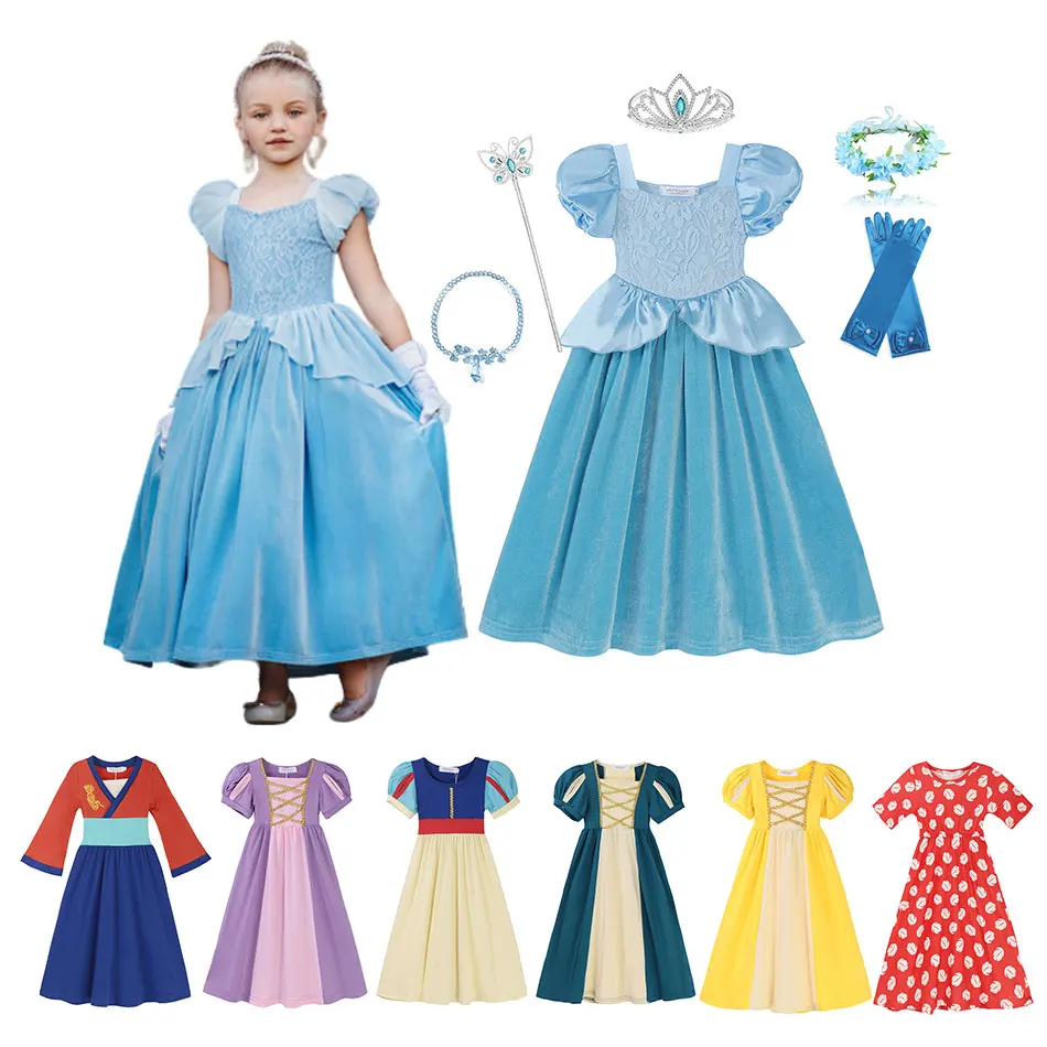 Disney Princess Cinderella Long Dresses Snow White Belle Mulan Rapunzel Cosplay Costume Baby Girls Birthday Party Gown Clothes