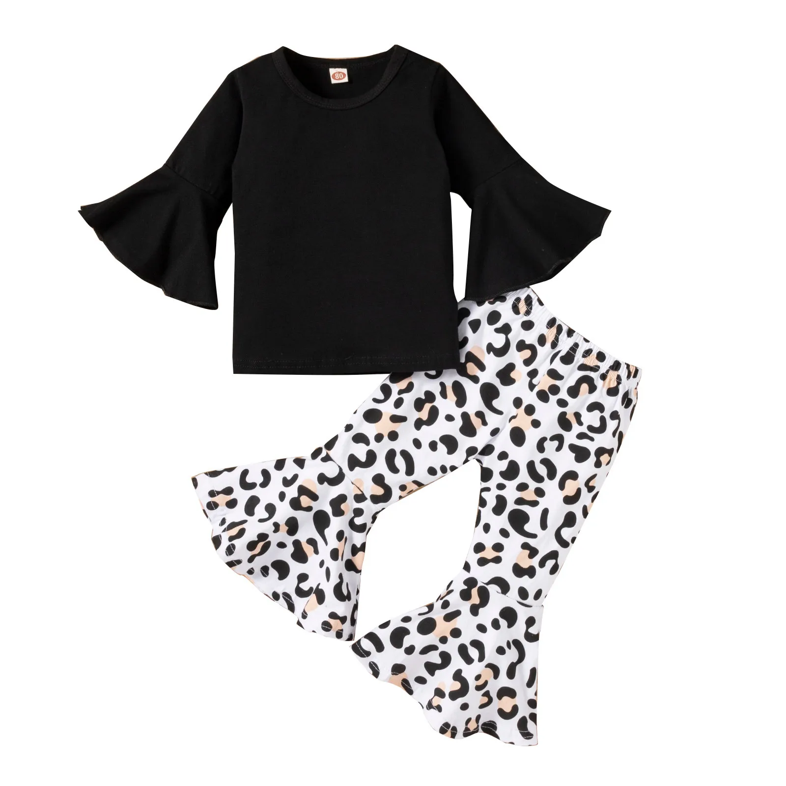 

Black Sweatsuit Girl Toddler Kids Baby Girls Solid Tops T-Shirt Leopard Print Bell-bottomed Pants Flared Pants Outfits Set