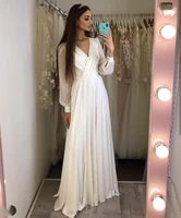wedding dress v neck 2022 long sleeve chiffon side slit floor length simple bridal gowns robe de mariee beach for women white
