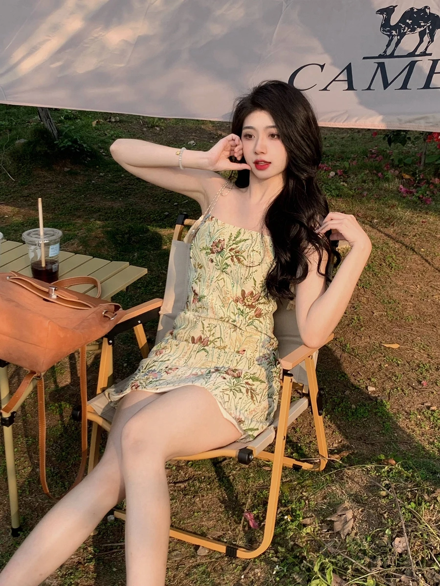 

Summer New Oil Painting Flower Sling Dress for Women