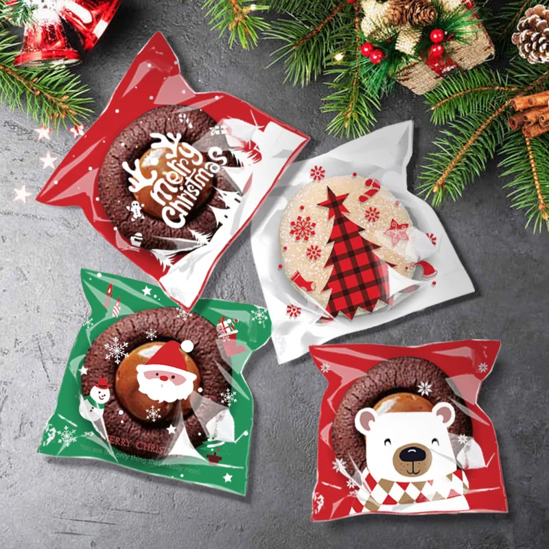 

100Pcs Christmas Gift Bag 10X10Cm Self Adhesive Cookies Candy Wrapping Bag New Year Party Gift Snack Baking Plastic Bag Navidad