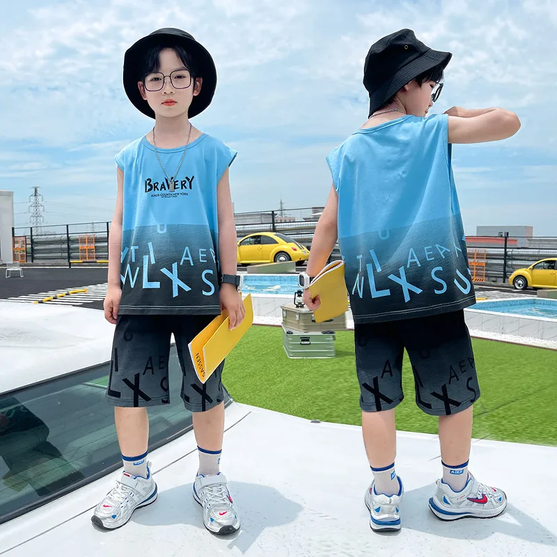 Boys Fashion Clothes Set Trend Kids 2022 New Summer Printing Sleeveless T-shirt And Shorts 2 Pieces Suit Big Children's Outfits
