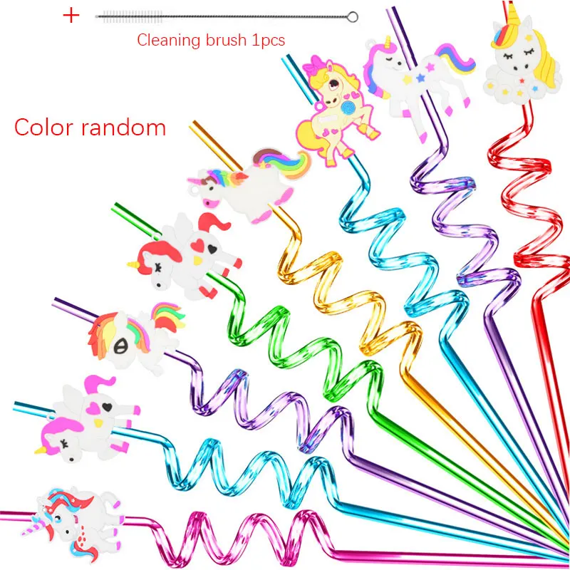 

8pcs Cartoon Unicorns Reusable Kids Eco Straws Food -grade Plastic Drinking Straws Kids Birthday Party Decor with Cleaning Brush