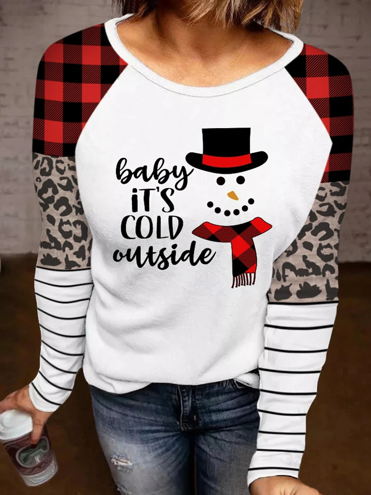 

Fashion Striped Snowman Blouse Casual Winter Ladies Patchwork O-Neck Female Women Long Sleeve Shirt Pullover