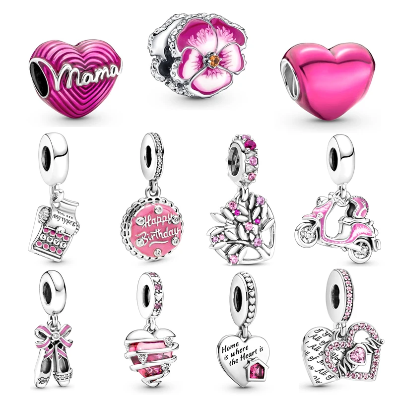 Pulsera de plata de ley 2022 con diseño de corazón rosa para mujer, abalorio para pulsera Pandora Original con diseño de flores del Día de la madre, novedad de 925