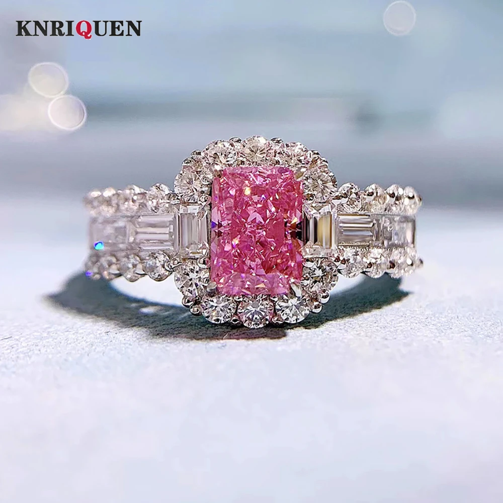 

Luxury 100% 925 Real Silver 5*7mm Pink Quartz High Carbon Diamond Rings for Women Gemstone Wedding Band Party Fine Jewelry Gift