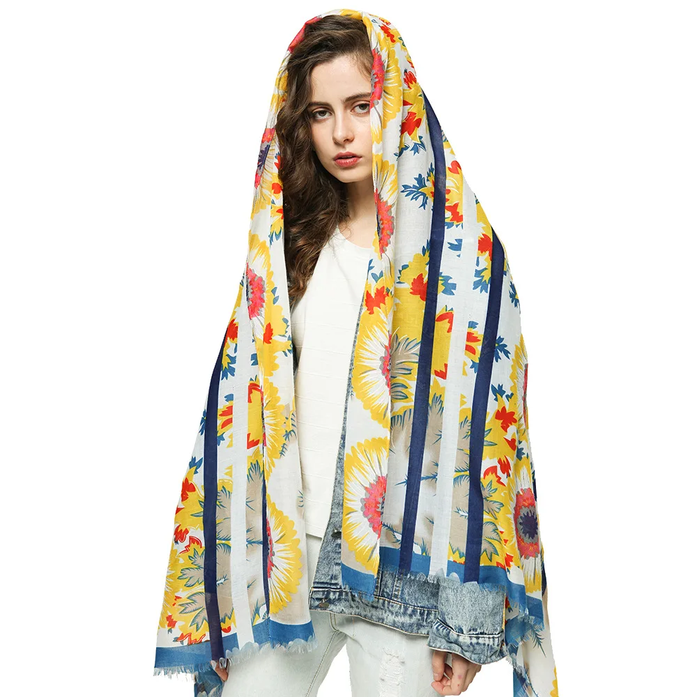 

CHENKIO Fashion Sunflower Cotton Scarf Floral Scarves Women's Printed Yarn Shawl Oversize Scarf Women Luxury Scarves and Shawls