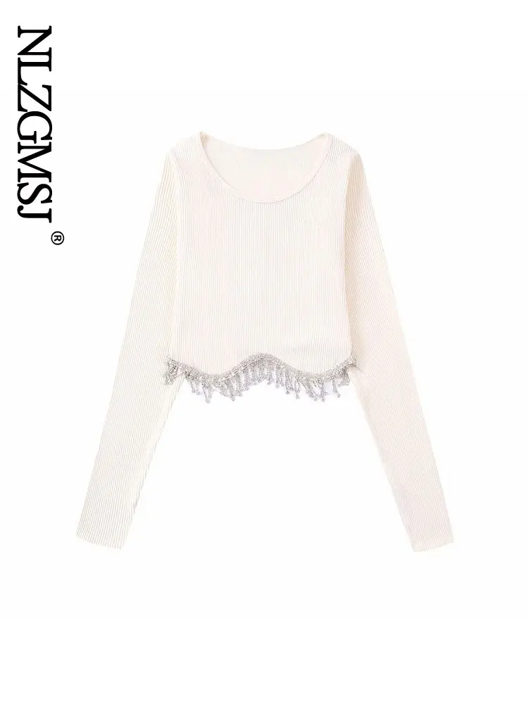 

Женская модная трикотажная короткая блузка Nlzgmsj черного и белого цветов с круглым вырезом, Женская Облегающая рубашка с бриллиантами и кист...