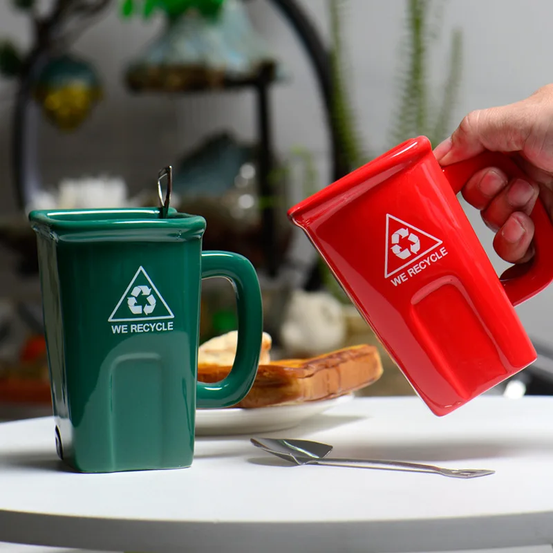 

Trash Can Shape Ceramic Mug With Spoon Home Office Breakfast Cup Espresso Milk Tea Cup Drinkware Beer Cocktail Fruit Juice Cup