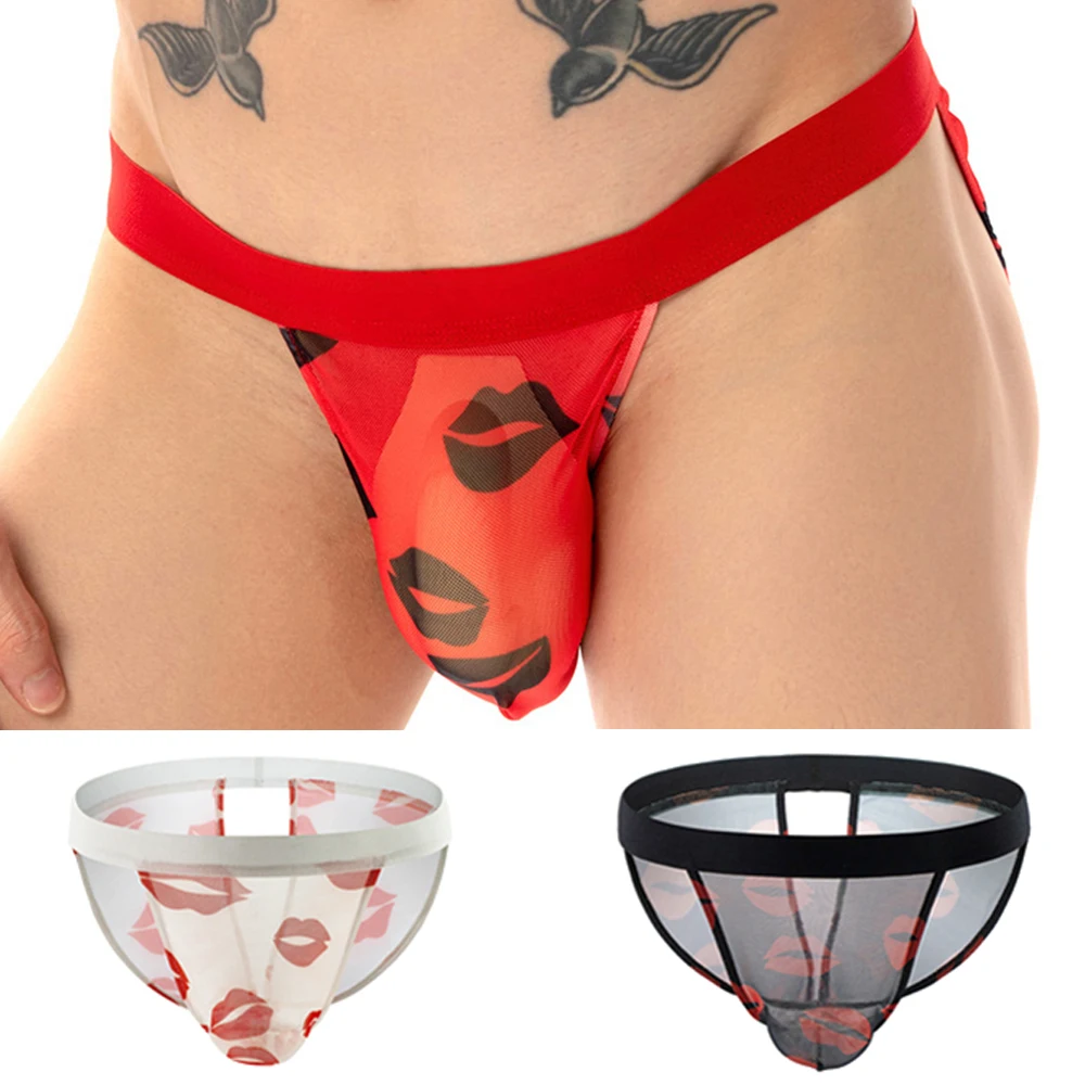 

Men Panties Sexy Open Back Brief Mesh Bikini Brief Lip Print See Through Panties Bulge Pouch Thongs Ultra Thin Underwear 2022