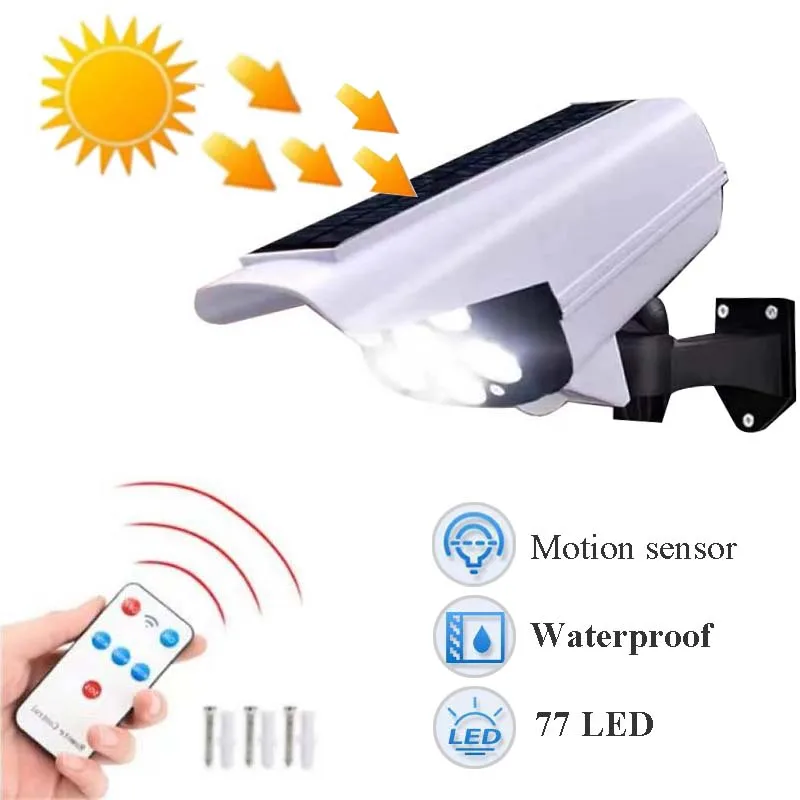 

77 LED Outdoor Solar Lights With Motion Sensor Security Dummy Camera Wireless Flood Lights Bullet With Flashing Lamp For Garden